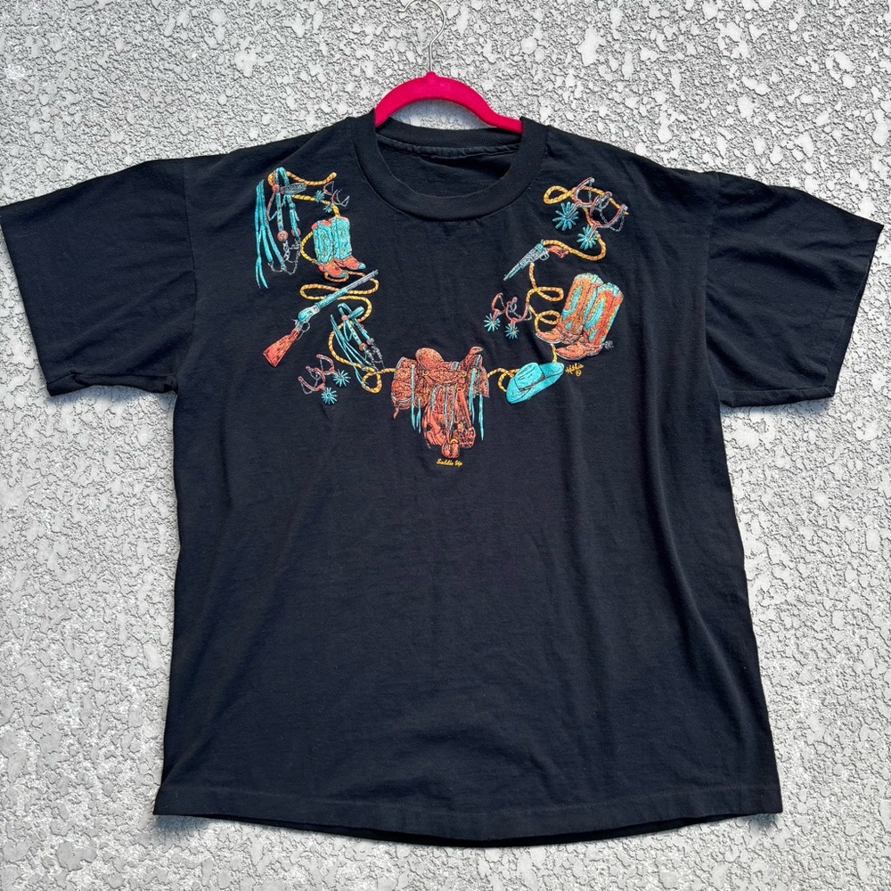 Vintage T-shirt 90s Western Saddle Up Embroidered Size XL Single Stitch